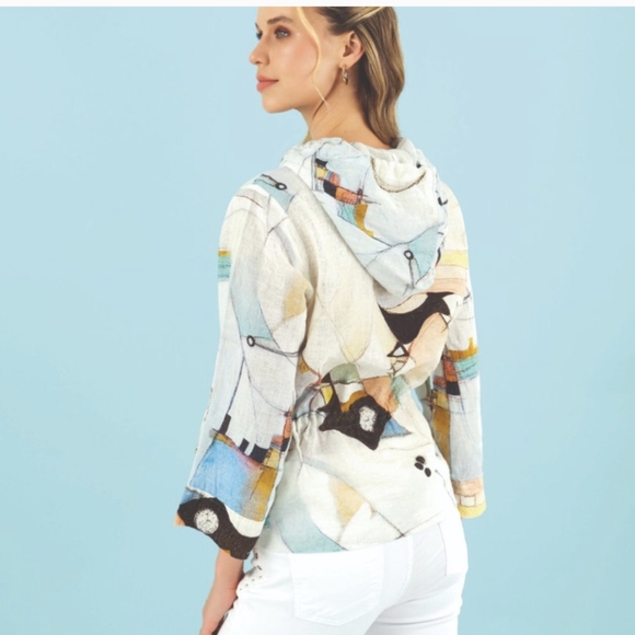 Dolcezza 100% Linen Hooded Abstract Art Jacket - Picture 2 of 11